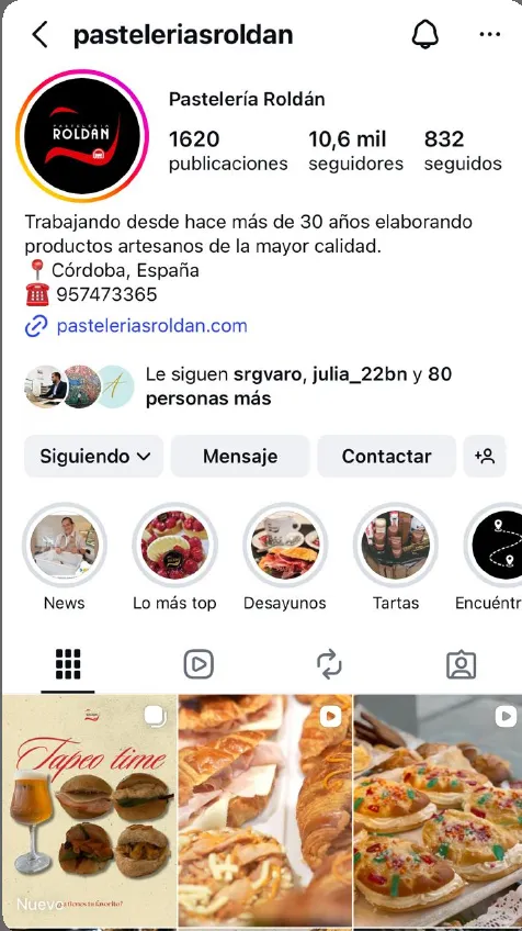Perfil de Instagram de Pastelería Roldán con fotografías de producto