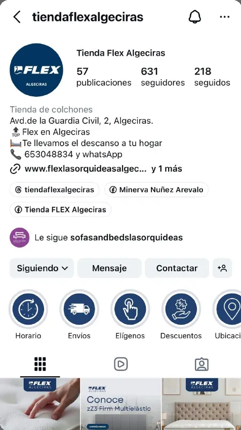 Perfil de Instagram de Tienda Flex Algeciras con destacadas e imagen de marca cuidada